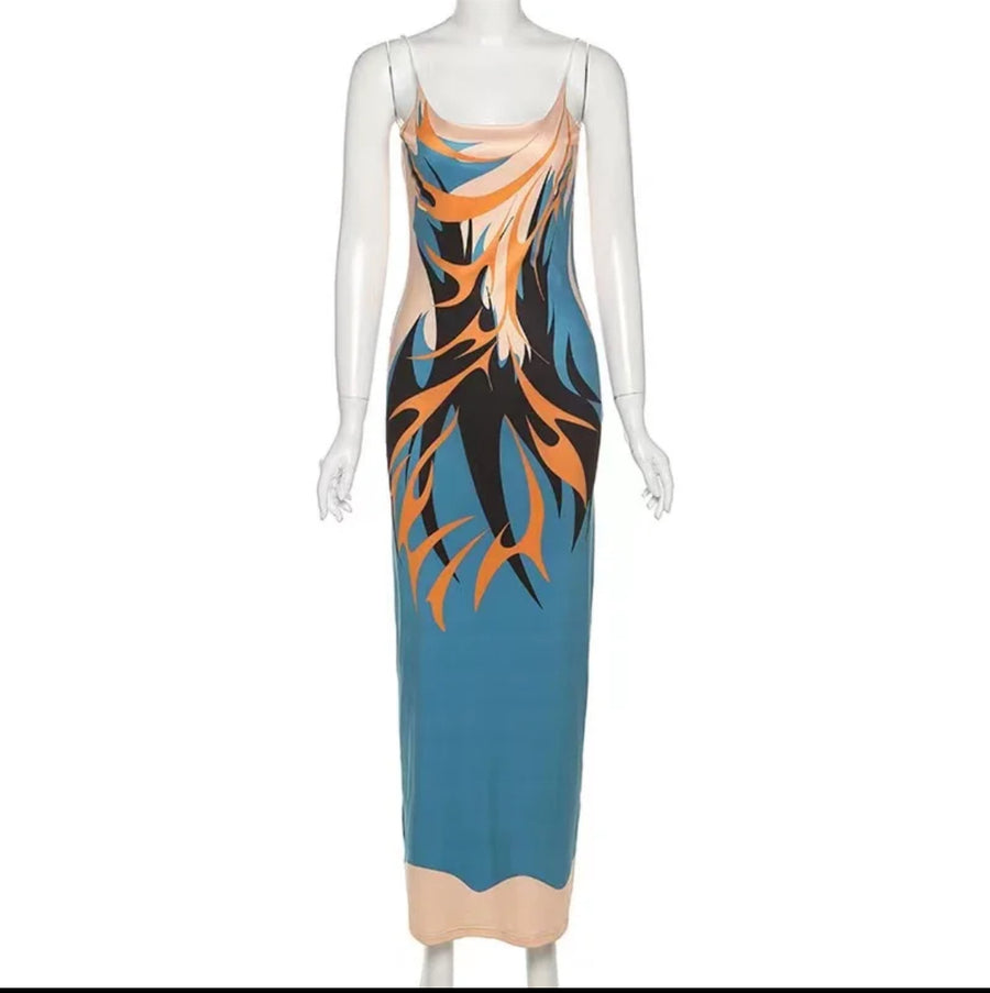  Orange, and blue spaghetti string dress 