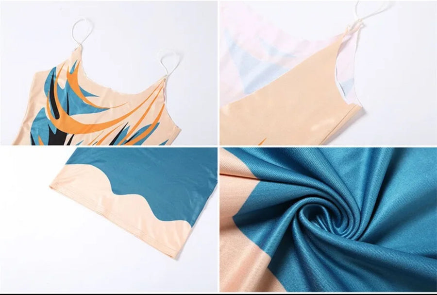  Orange, and blue spaghetti string dress 