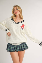 VARSITY PATCH V NECK CABLE KNIT SWEATER