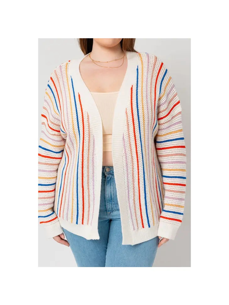 Plus Size Multi Stripe Open Front Sweater Knit Long Sleeve C