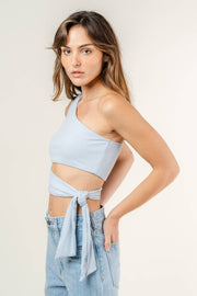 Asymmetrical side tie one-shoulder ribbed crop top