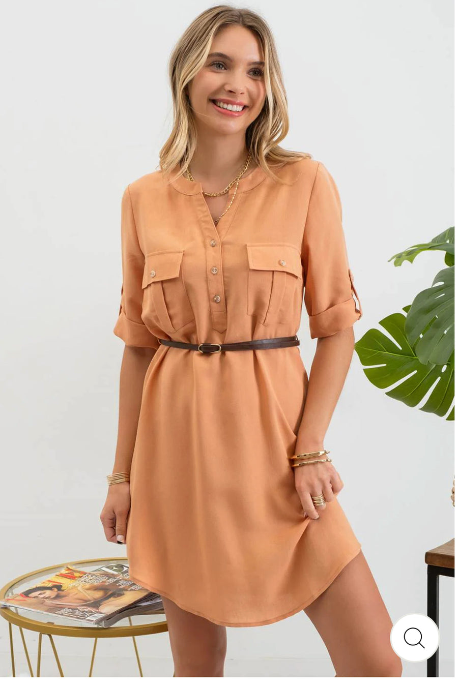 3/4 SLEEVE BELTED MINI DRESS