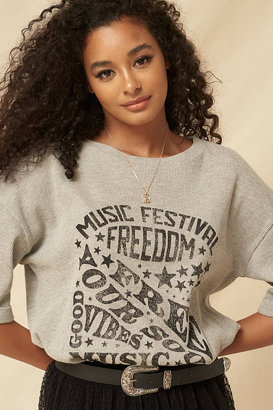 Festival Vintage Thermal Half-Sleeve Graphic Top