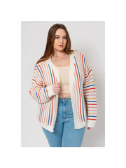 Plus Size Multi Stripe Open Front Sweater Knit Long Sleeve C