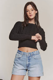 Cable Knit Round Neck Crop Sweater - Thepopupshopli