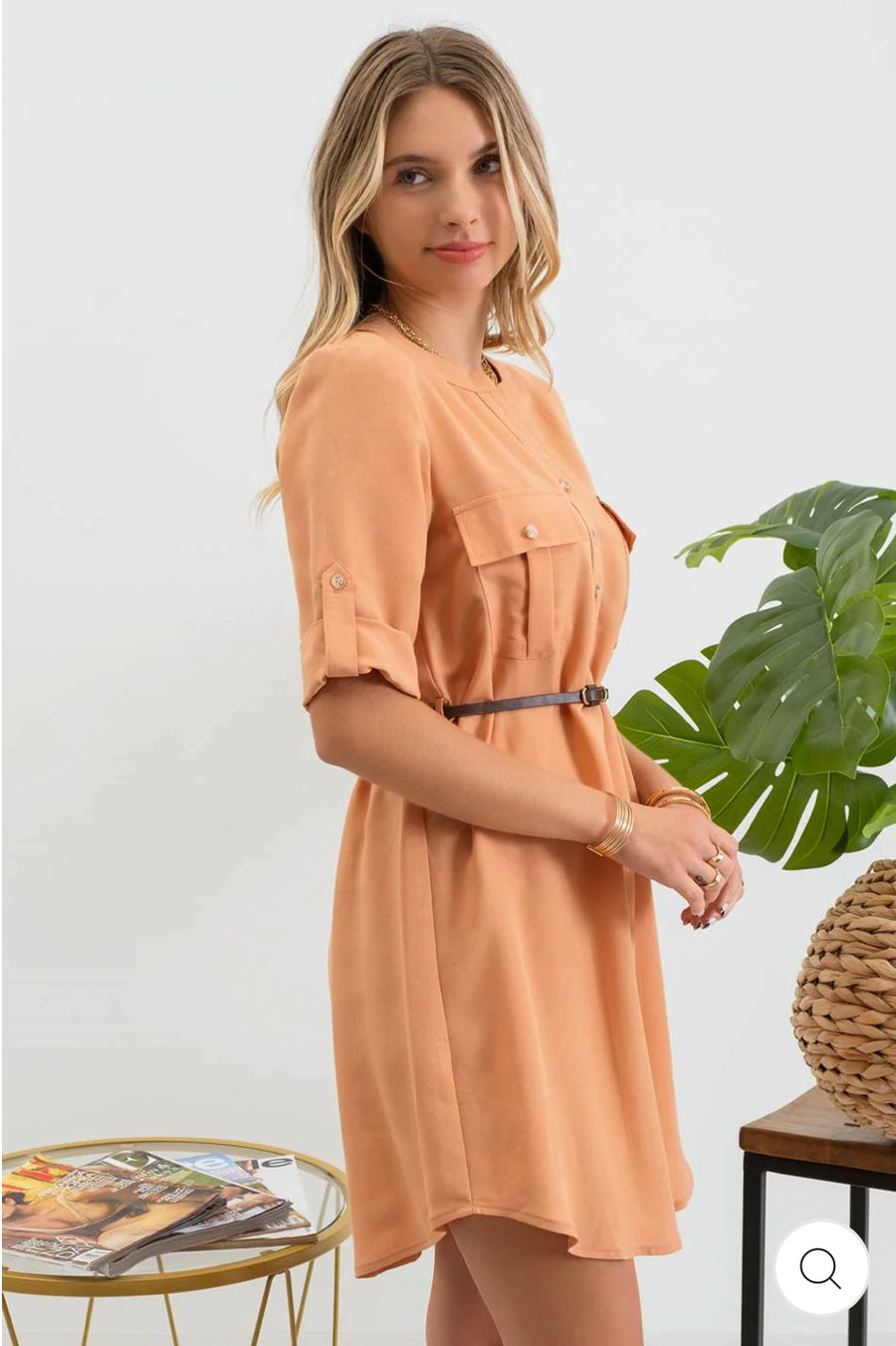 3/4 SLEEVE BELTED MINI DRESS