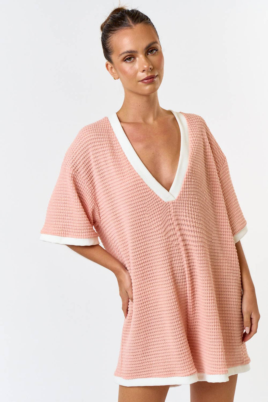 WAFFLE KNIT CONTRAST DEEP V-NECK RELAXED ROMPER