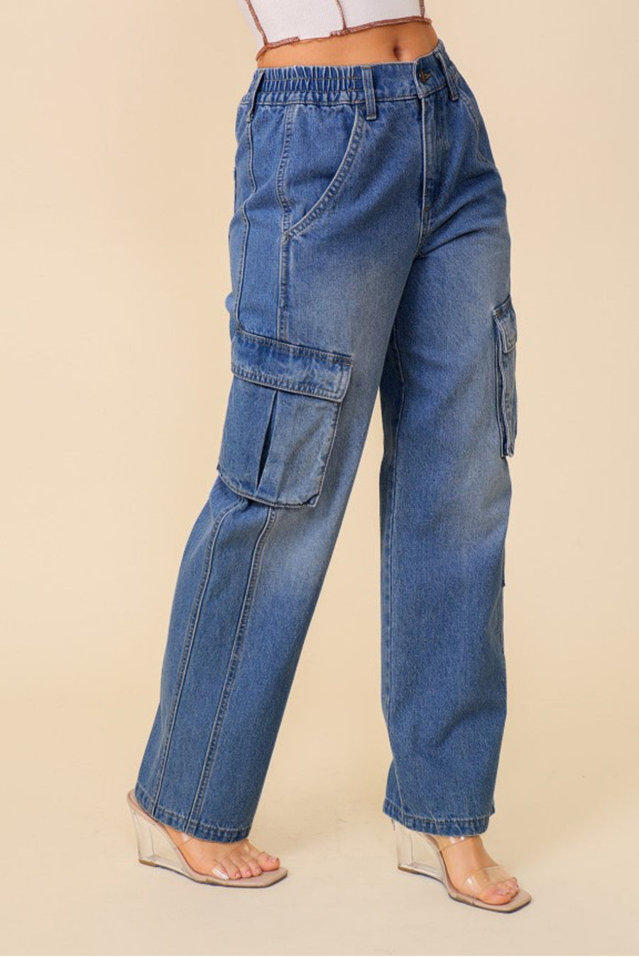 High waisted denim cargo jean - Thepopupshopli