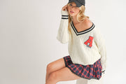 VARSITY PATCH V NECK CABLE KNIT SWEATER