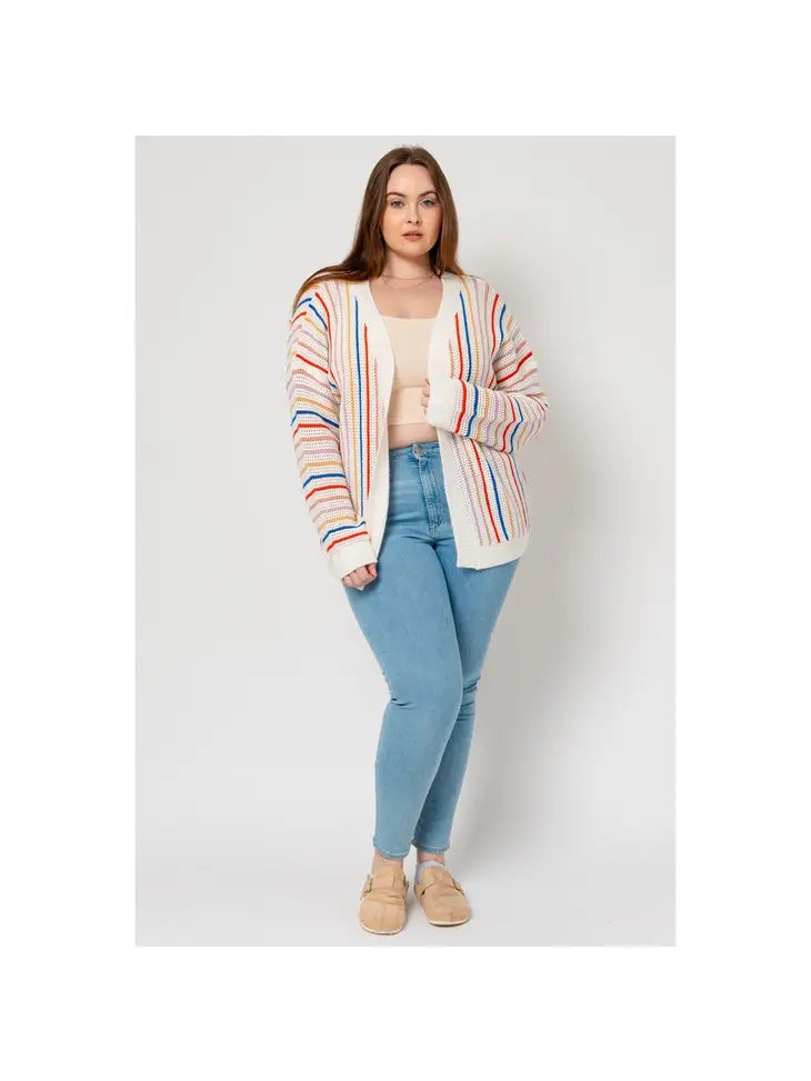 Plus Size Multi Stripe Open Front Sweater Knit Long Sleeve C