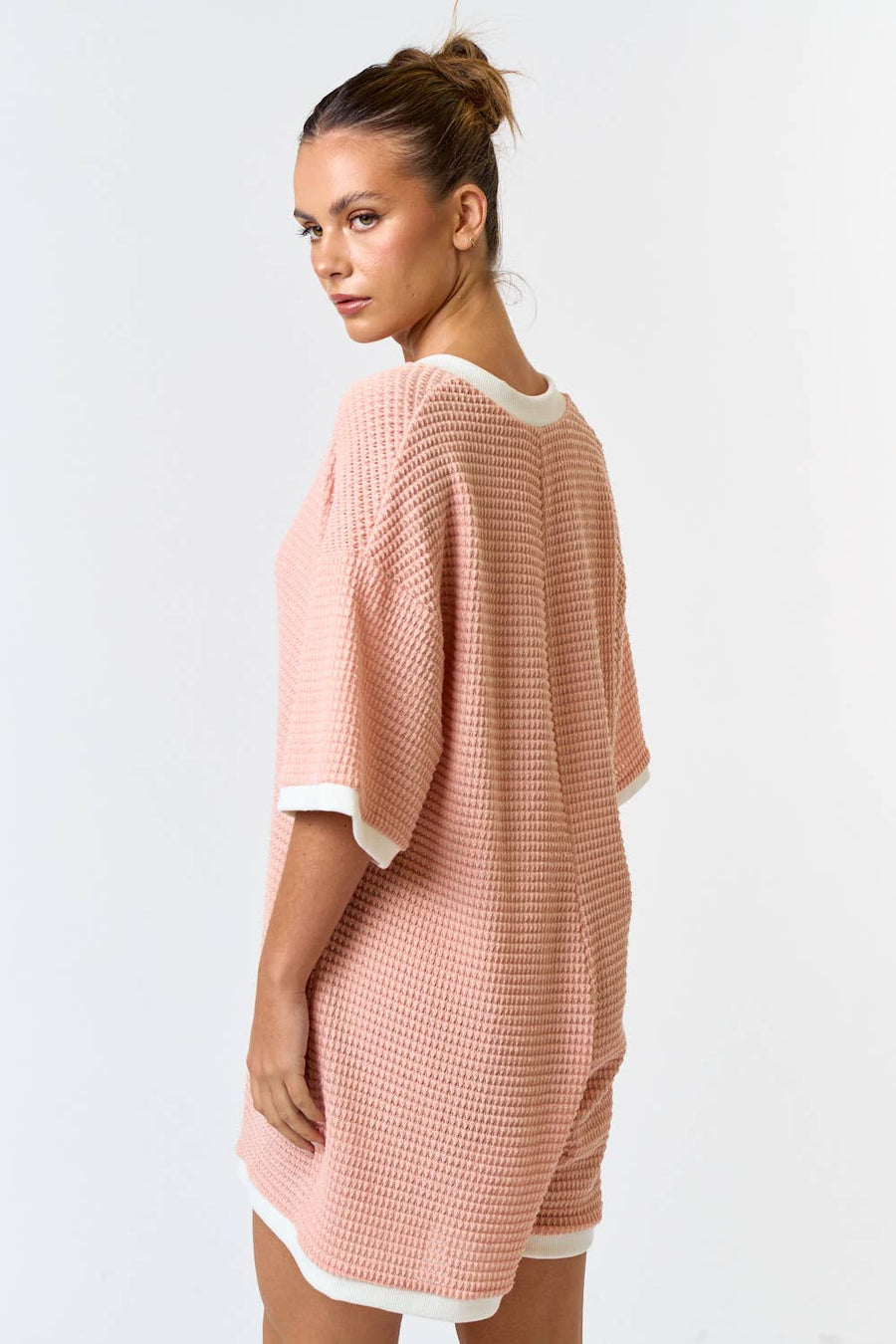 WAFFLE KNIT CONTRAST DEEP V-NECK RELAXED ROMPER