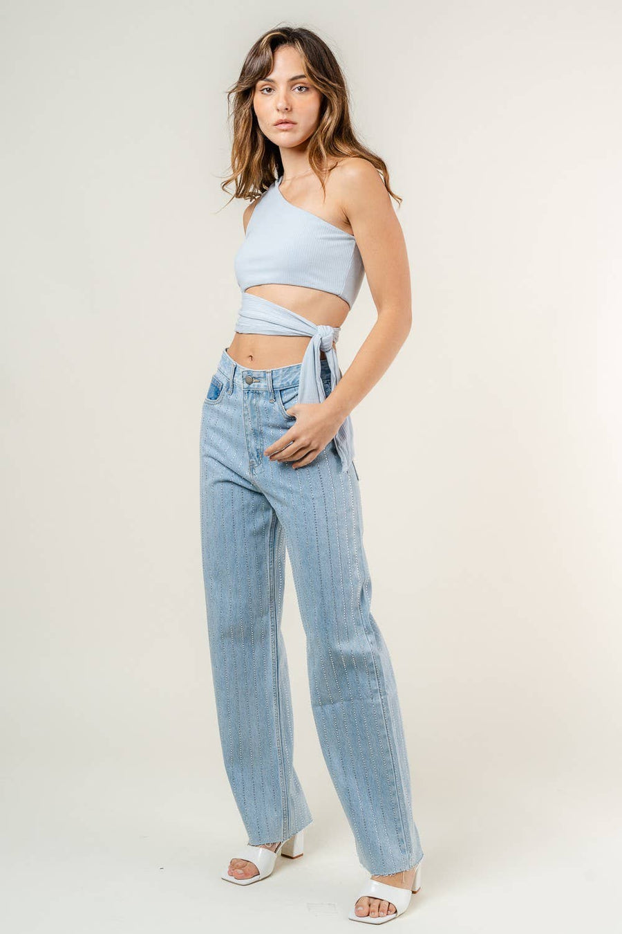 Asymmetrical side tie one-shoulder ribbed crop top