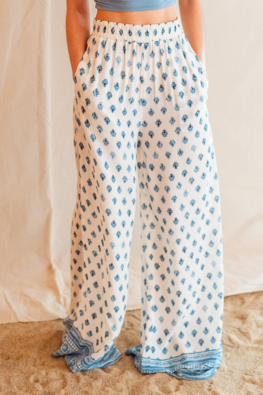 HIGH WAIST BORDER PRINT BOHO CHIC WIDE LEG PANTS