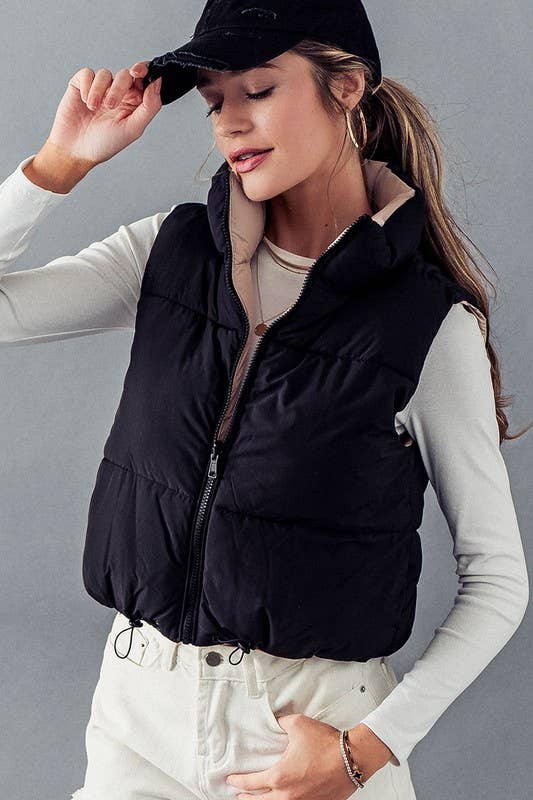 REVERSIBLE STAND COLLAR CROPPED PUFF VEST - Thepopupshopli