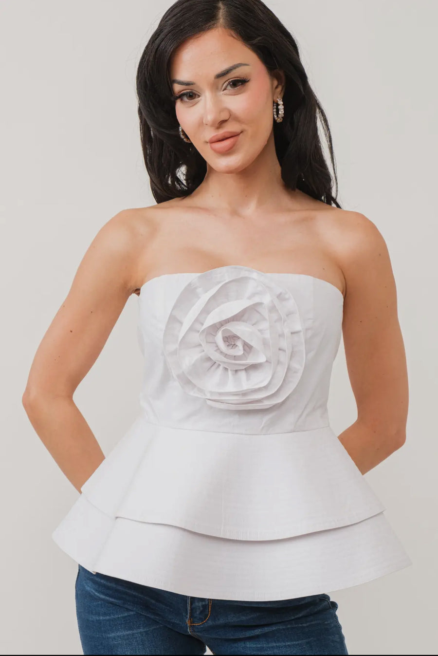 ROSETTE DETAIL BANDEAU PEPLUM TOP