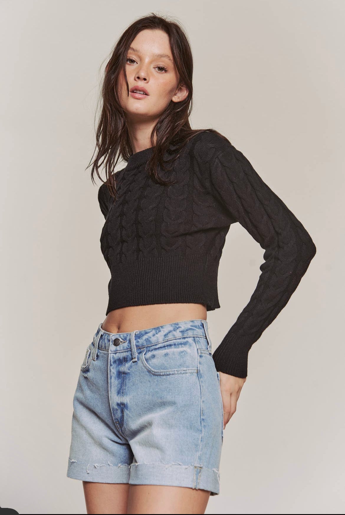 Cable Knit Round Neck Crop Sweater - Thepopupshopli