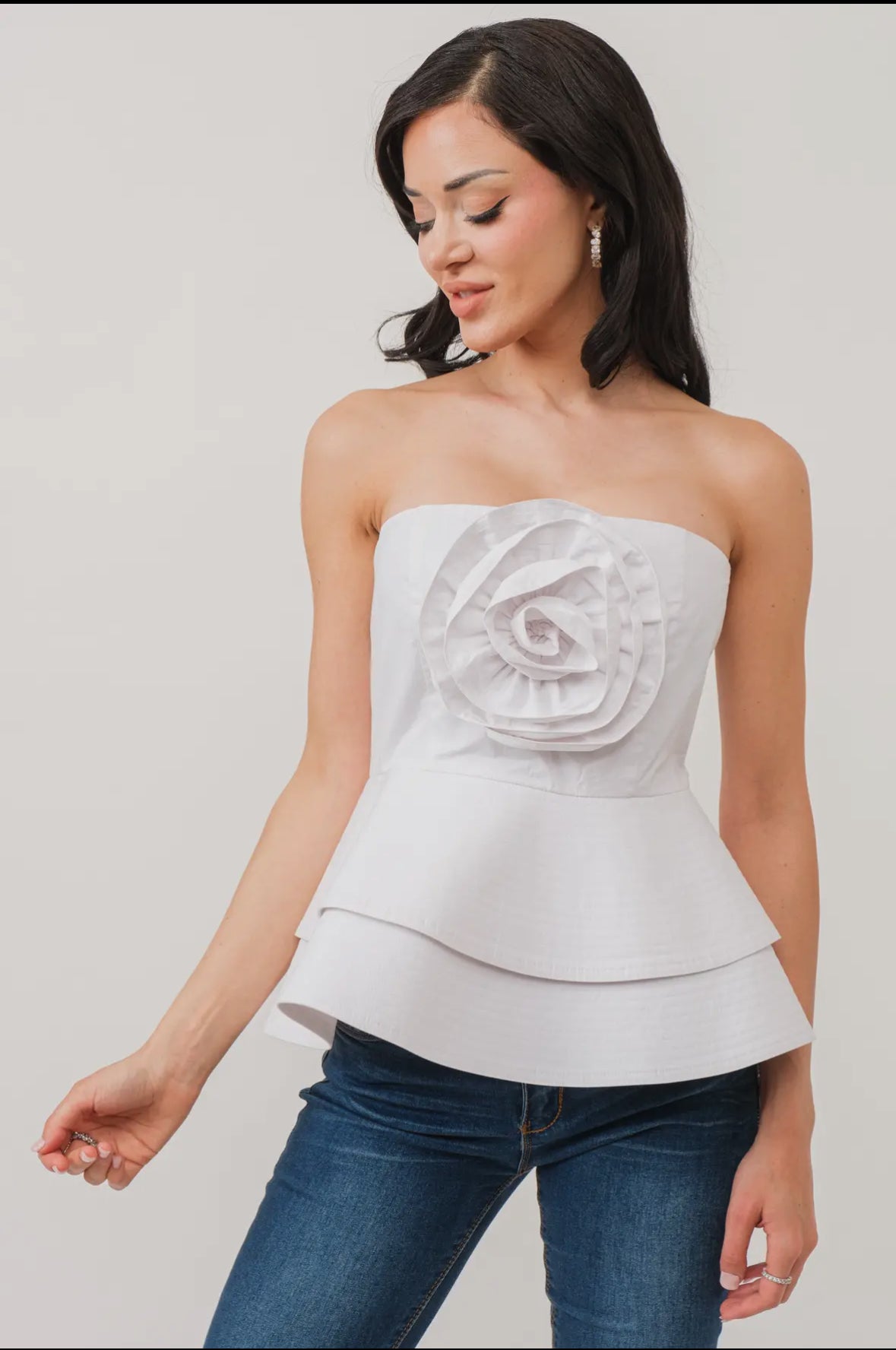 ROSETTE DETAIL BANDEAU PEPLUM TOP