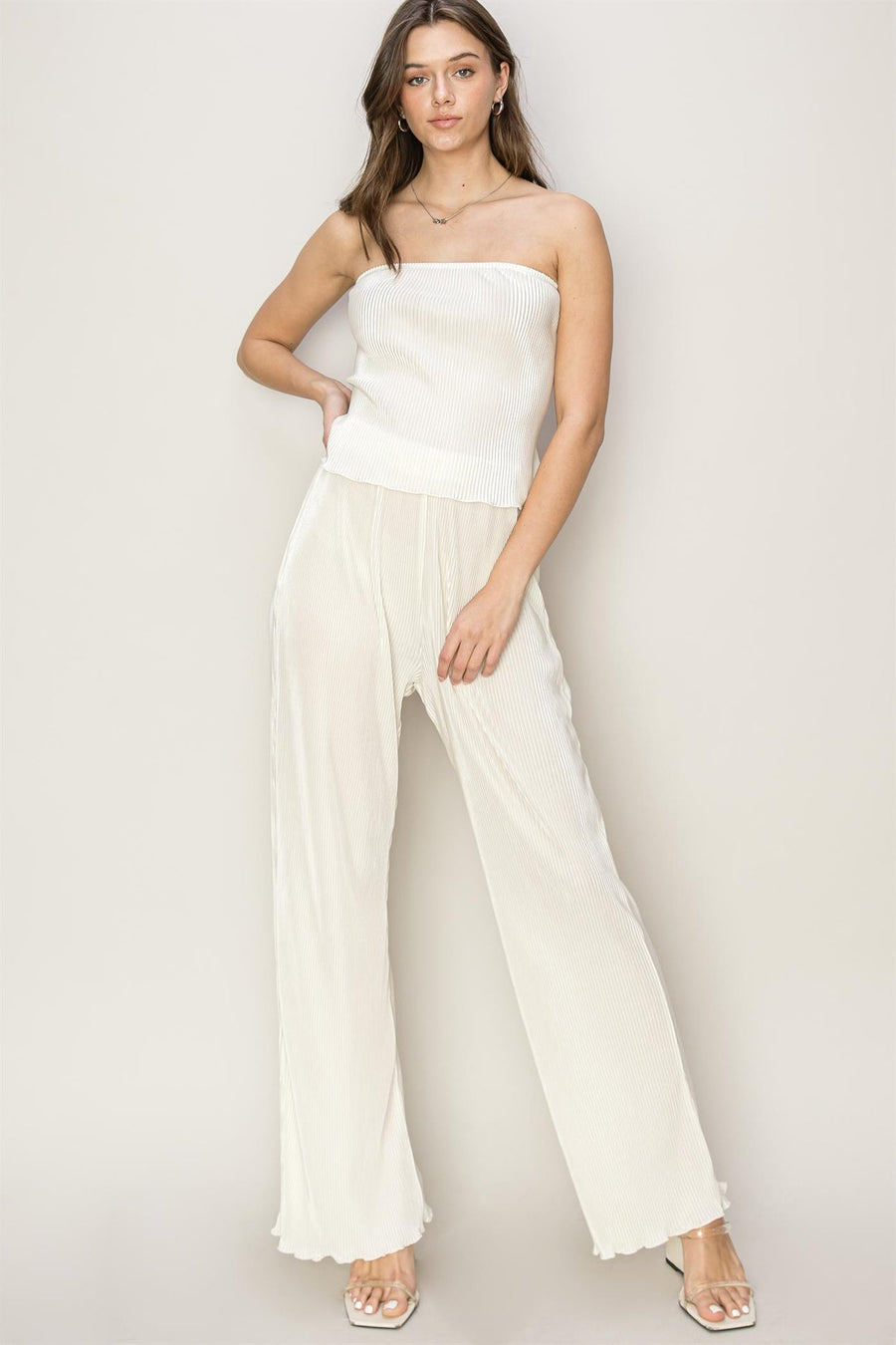 SET-PLEATED TUBE TOP AND PANTS SET