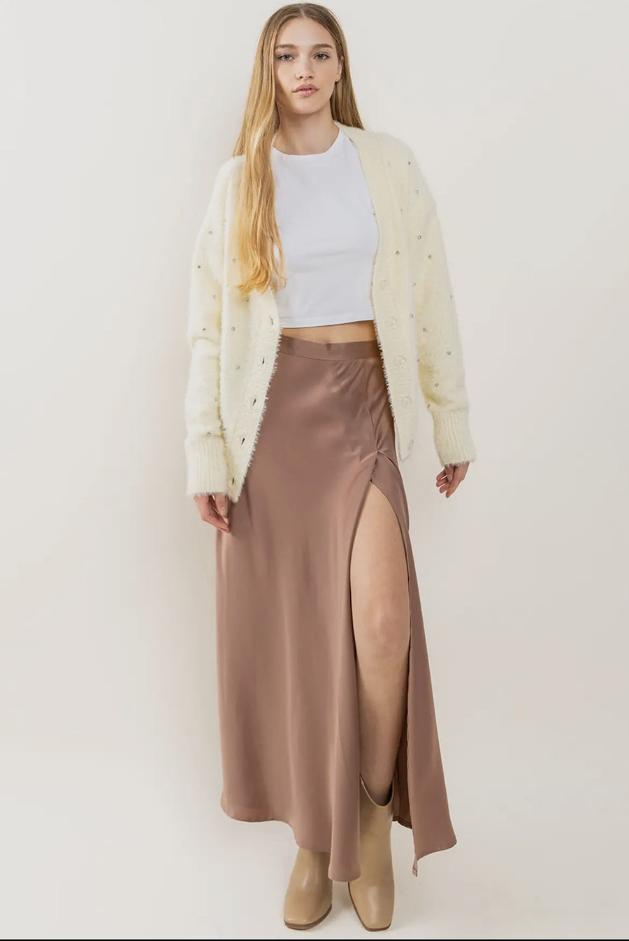 Side Slit Long Satin Skirt - Thepopupshopli