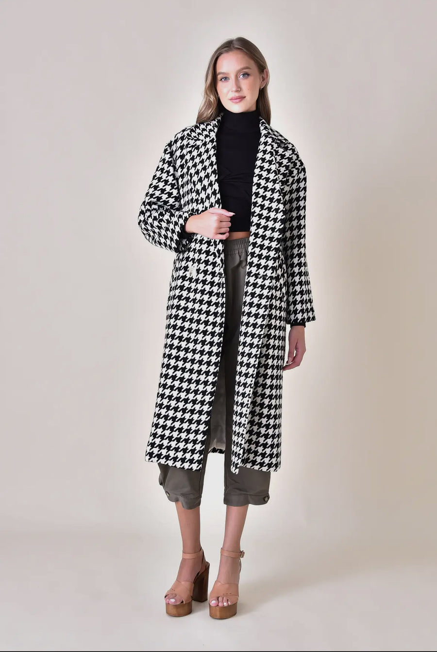 Elegant Long Sleeve Houndstooth Long Coat - Thepopupshopli