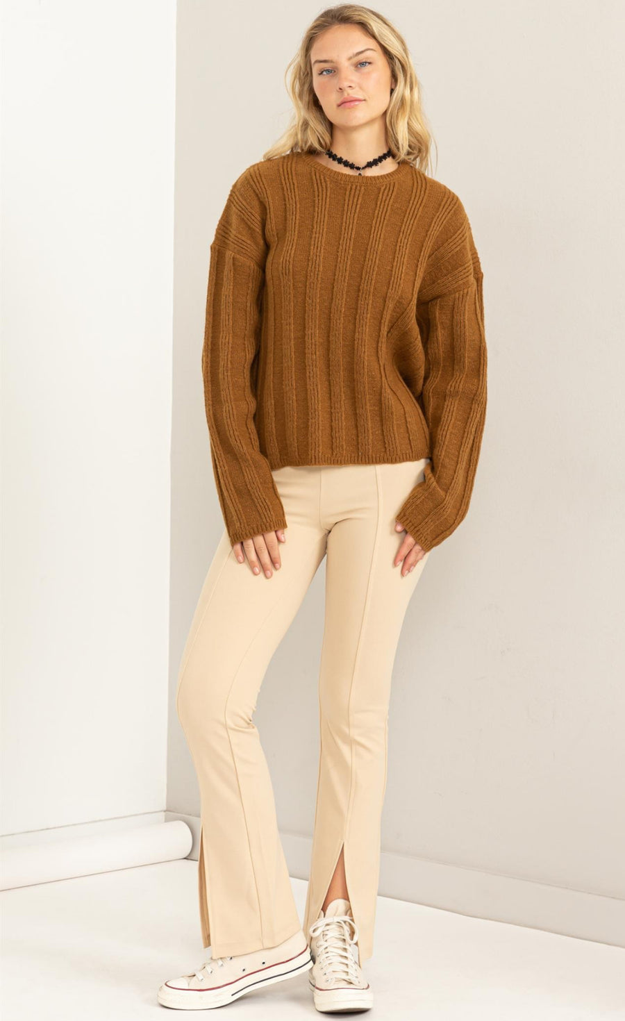 ROMANTIC IMPRESSION RIBBED LONG SLEEVE SWEATER - Thepopupshopli