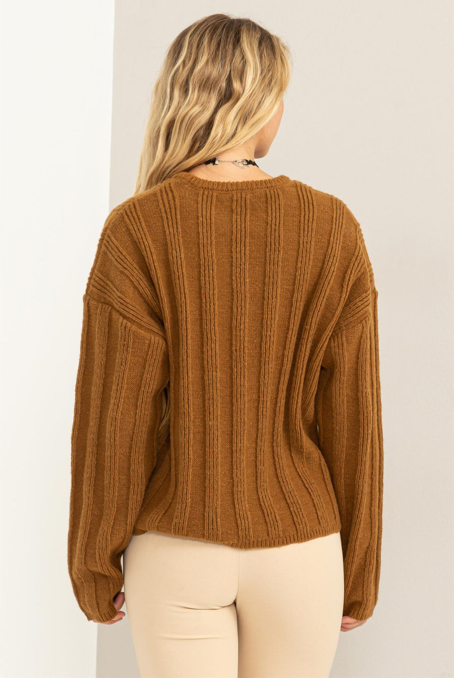 ROMANTIC IMPRESSION RIBBED LONG SLEEVE SWEATER - Thepopupshopli