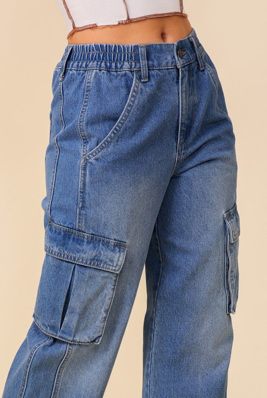 High waisted denim cargo jean - Thepopupshopli