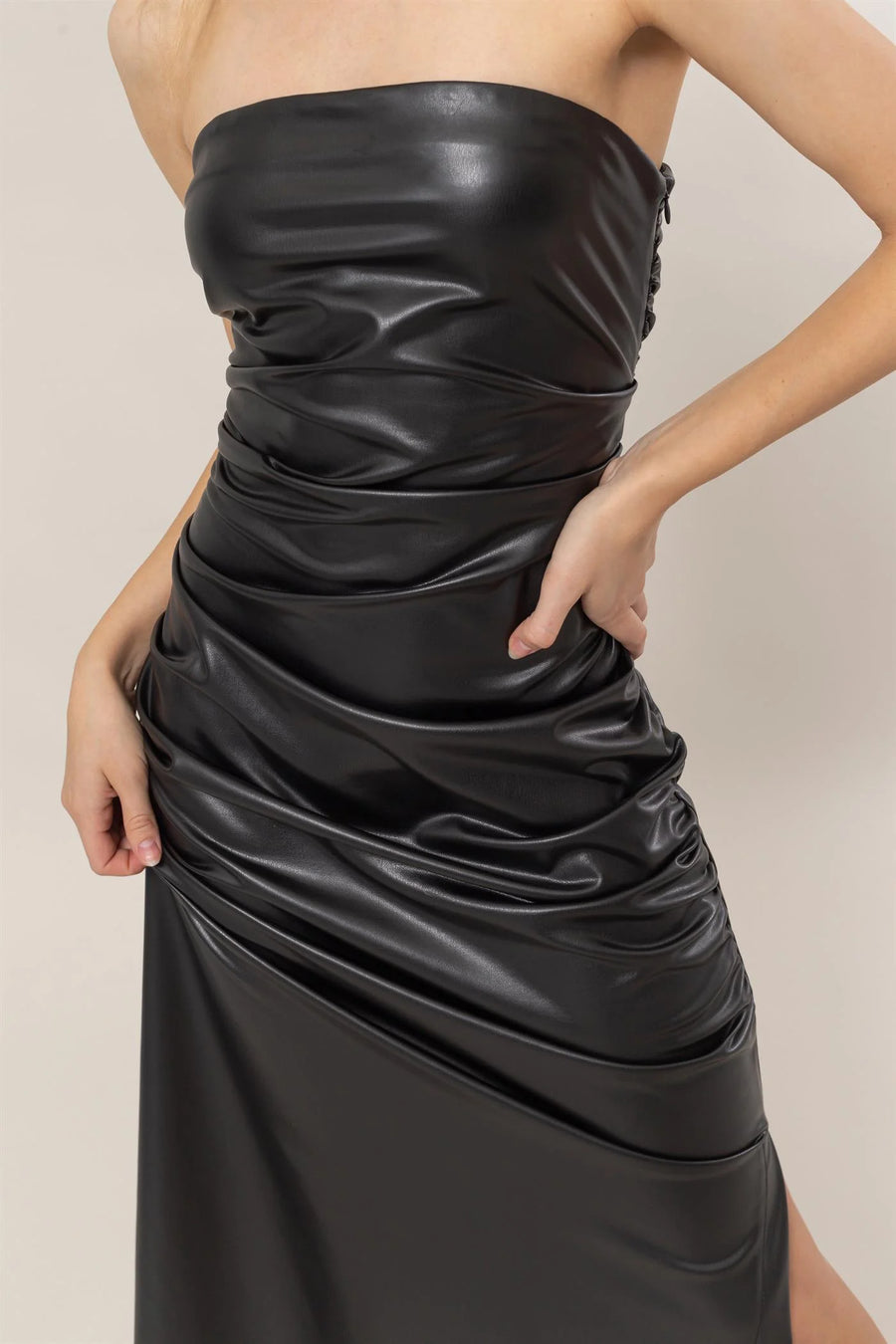 Pu Strapless Ruched Midi Dress