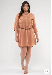 PLUS 3/4 SLEEVE BELTED MINI DRESS