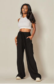 LINEN BLEND WIDE LEG PANTS.