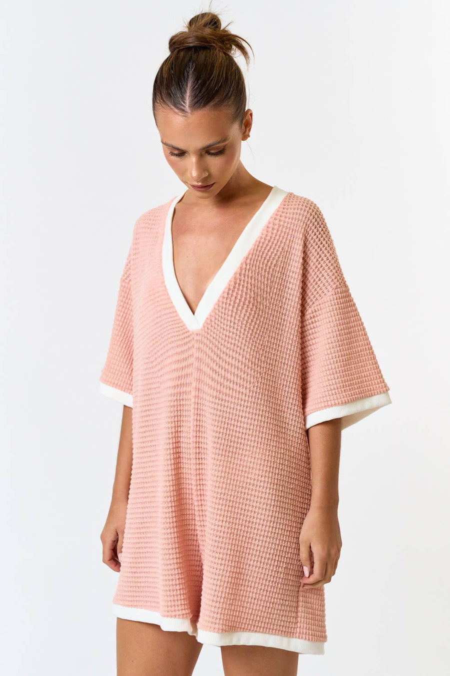 WAFFLE KNIT CONTRAST DEEP V-NECK RELAXED ROMPER