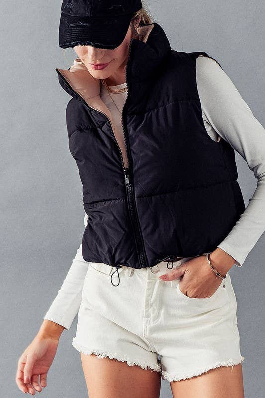 REVERSIBLE STAND COLLAR CROPPED PUFF VEST - Thepopupshopli