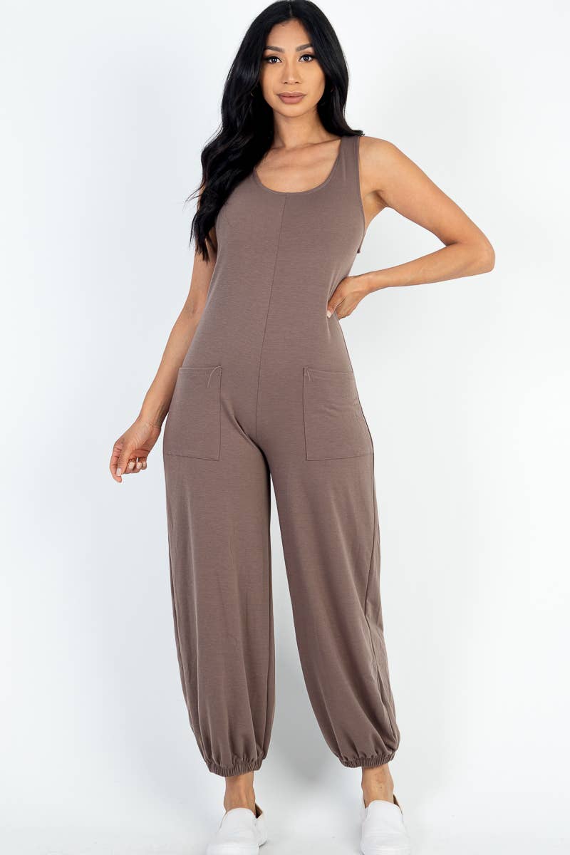 French Terry Sleeveless Scoop Neck Front Pocket Jumpsuit