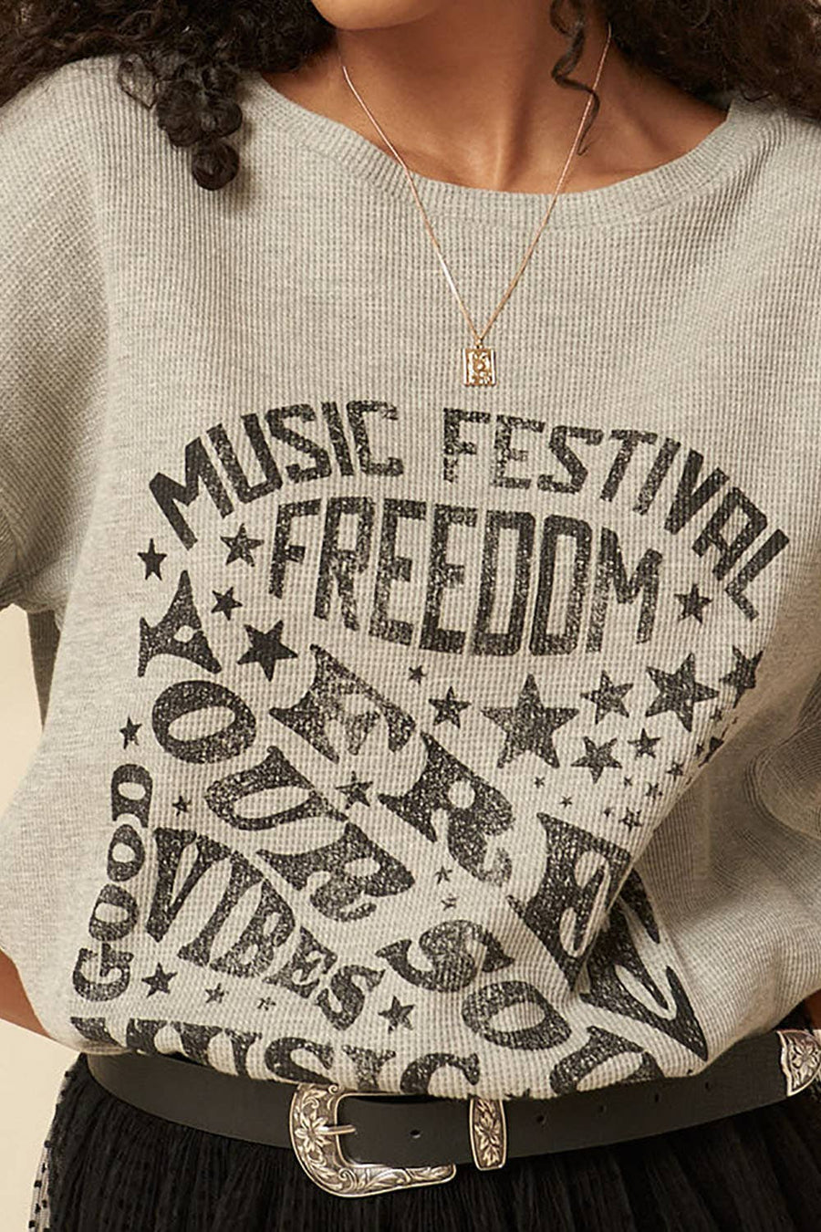 Festival Vintage Thermal Half-Sleeve Graphic Top