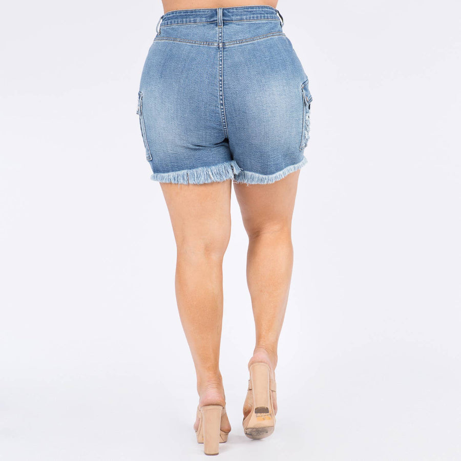 PLUS SIZE HIGH WAIST CARGO DENIM SHORTS