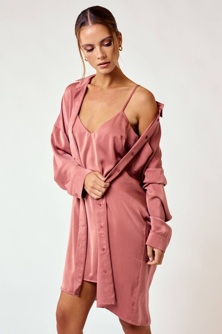 SATIN SLIP ON DRESS AND SHIRT SET