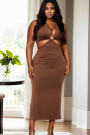 Plus Size Cut-out Halter Neck Double Back Tie Split Thigh Mi