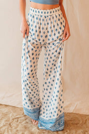 HIGH WAIST BORDER PRINT BOHO CHIC WIDE LEG PANTS