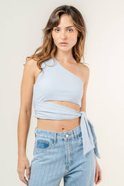 Asymmetrical side tie one-shoulder ribbed crop top